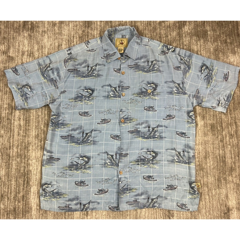 Joe Marlin Button Down Mens Large‎ Blue Marlin Fishing Shirt Camp Rayon Blend